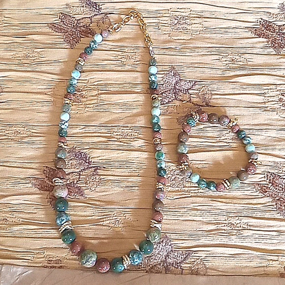 Gemstone Set Necklace Bracelet Vintage Sandstone